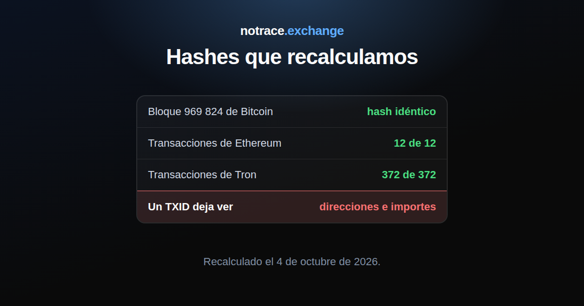 Hashes que recalculamos el 4 de octubre de 2026: un bloque de Bitcoin, transacciones de Ethereum y de Tron, y lo que deja ver un TXID