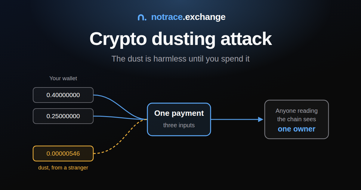 A dust output sits harmless in a wallet until it is spent alongside other coins, which tells an observer both belong to one owner
