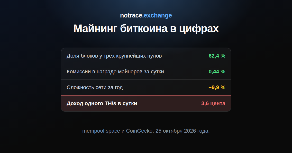 Майнинг биткоина 25 октября 2026 года: доля трёх крупнейших пулов, доля комиссий в награде, изменение сложности за год и доход одного терахеша в сутки